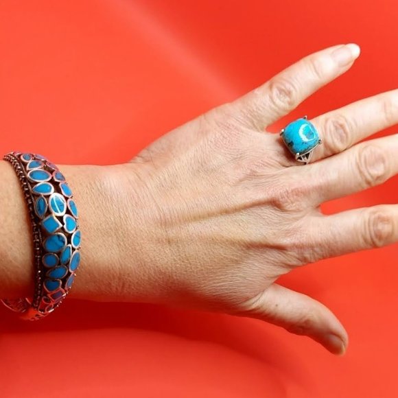 Natural Stabilized Blue Turquoise 7x5 mm & Marcasite 925 Sterling Silver Bangle - Picture 3 of 10